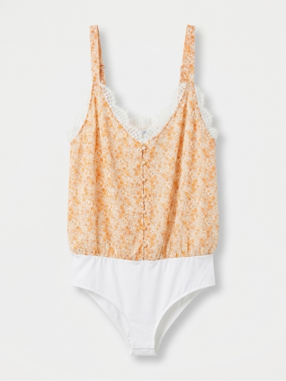 White Birch 2X Plus Bodysuit White/Orange Floral Button Front Lace Trim Straps